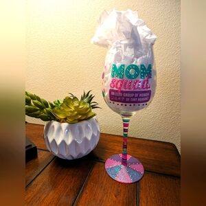 NEW Hand Painted Wine Glass For Moms/Mother's With Rhinestones! Mom Squad